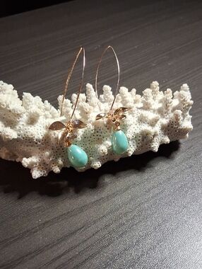 Gold Leaf Hoop Earrings with Iridescent Turquoise Teardrop
